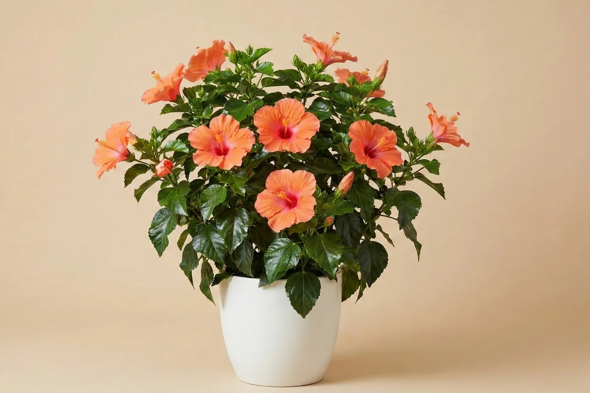Beyaz saksı içinde turuncu çiçekli Japon gülü (Hibiskus), parlak yaprakları ve iri çiçekleriyle dekoratif bir saksı bitkisi görünümünde.