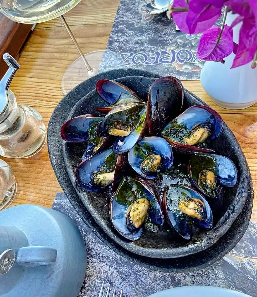Bodrum'un en iyi restoranlarından Orfoz'da ahşap bir masa üzerinde sunulan, taze yeşil otlarla zenginleştirilmiş siyah bir kasedeki parlak buğulanmış midyeler, Ege'nin deniz ürünleri lezzetlerinin çağdaş yorumunu sergiliyor.