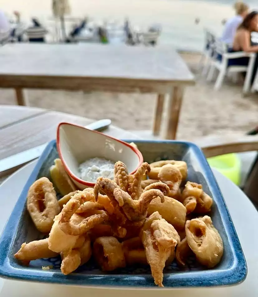 Bodrum'un en iyi restoranlarından birinde servis edilen, çıtır çıtır kızarmış kalamar ve bebek ahtapotların bulunduğu mavi desenli tabak, arka planda denizin ve plajdaki masaların huzurlu atmosferiyle birleşiyor.