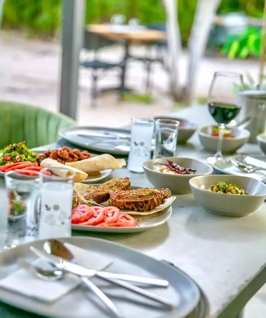 Bodrum'da yeşil bir ortamda kurulu masada, baharatlı ızgara et, taze domates dilimleri, çeşitli mezeler, rakı ve kırmızı şarapla dolu kadehlerle zengin bir Türk yemek ziyafeti keyifli bir akşam yemeğini yansıtıyor.