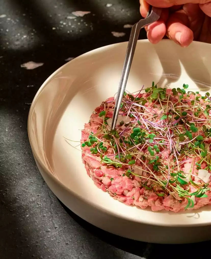 Bodrum'daki seçkin bir restoranın menüsünden, ince kıyılmış pembe dana etinin üzerine mor ve yeşil filizler ile beyaz soğan küpleri serpilmiş lezzetli bir tartarın, şefin elindeki cımbızla son estetik dokunuşlarının yapıldığı anı gösteren detaylı bir çekim.