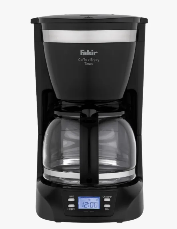 Siyah gövdeye sahip Fakir Coffee Enjoy Timer filtre kahve makinesi, cam demliği ve dijital ekranıyla öne çıkıyor.