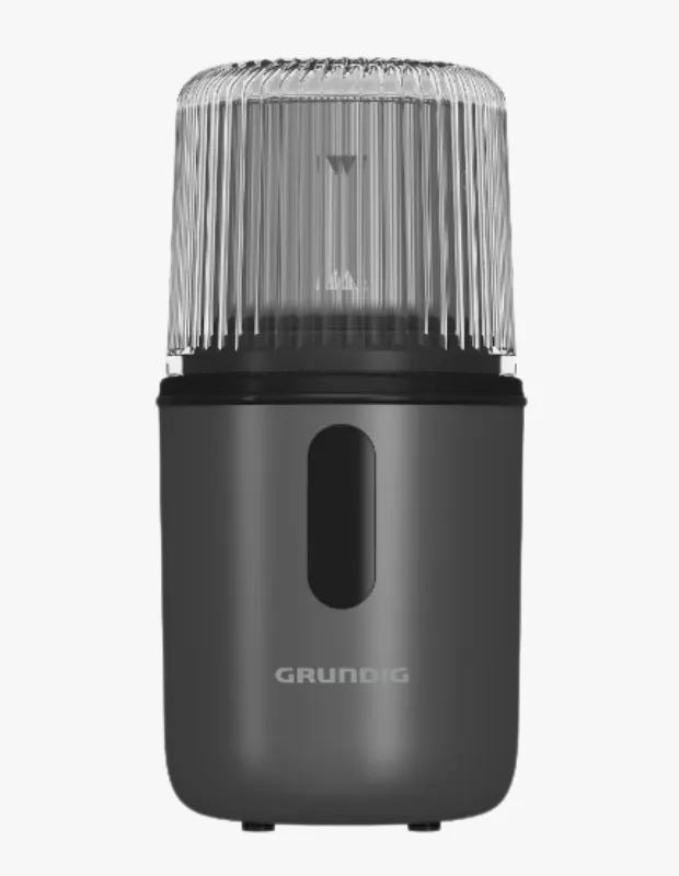 Gri gövdeye sahip Grundig CM 7460 antrasit kahve öğütücü, üst kısmında şeffaf haznesiyle modern bir tasarım sunuyor.