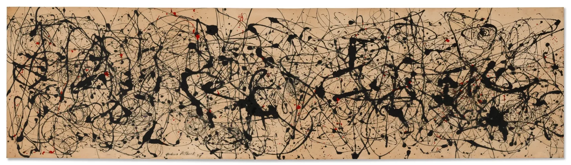 Jackson Pollock'un Number 7A (1948) adlı eseri, bej bir zemin üzerine rastgele sıçratılmış ve damlatılmış, iç içe geçmiş yoğun siyah ve aralarda belirginleşen kırmızı boya çizgileriyle oluşturulmuş, karakteristik bir soyut dışavurumcu tablo sunuyor.
