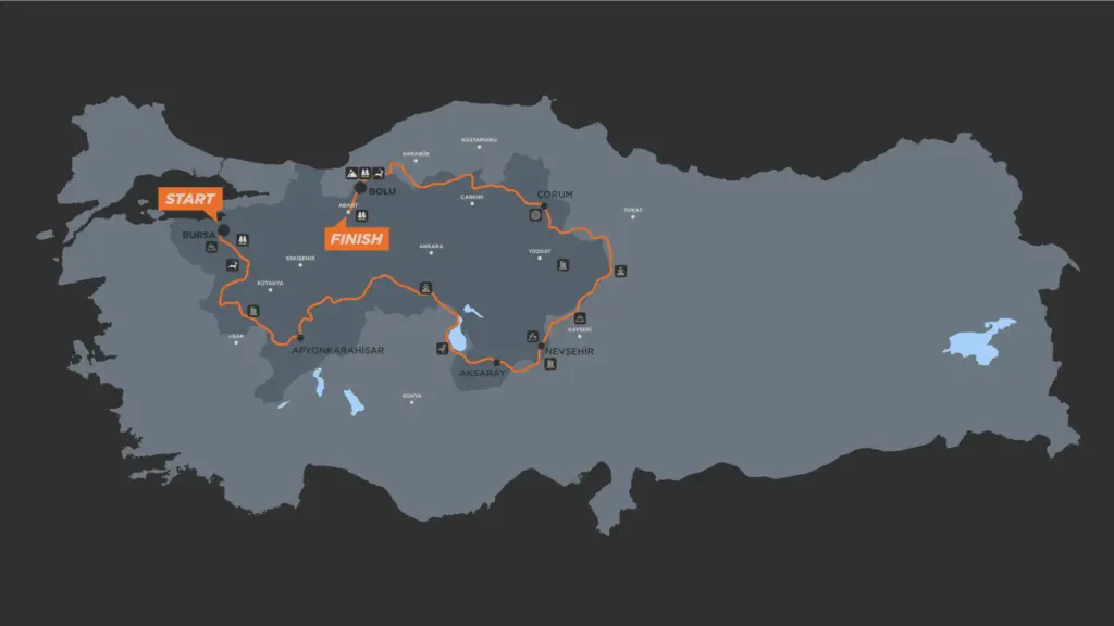TransAnatolia rallisinin 2025 rotasını gösteren harita, yarışın geçtiği illeri ve etap noktalarını detaylı şekilde sunuyor.