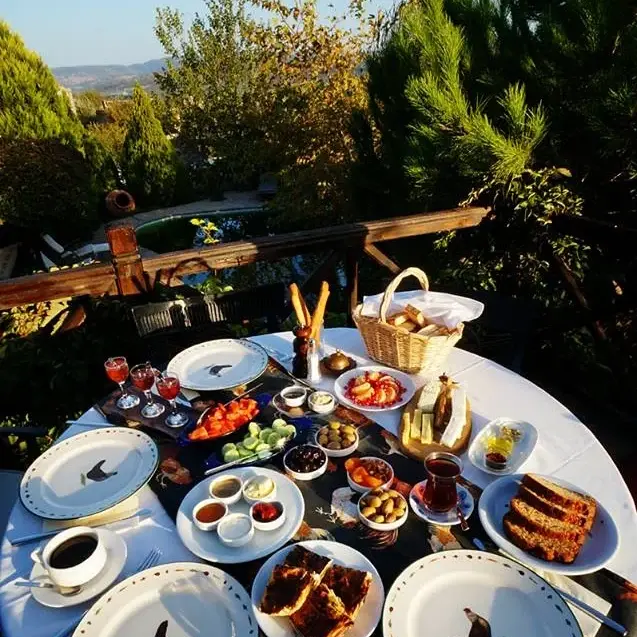 Çanakkale'de keşfedilecek yerlerden biri olan yemyeşil bir doğa içindeki konaklama tesisinin terasında, çeşitli yerel peynirler, zeytinler, taze meyveler, ev yapımı reçeller, kızarmış ekmekler, börek ve sıcak içeceklerle dolu, güneşi selamlayan bol çeşitli bir serpme kahvaltı masası görünüyor.