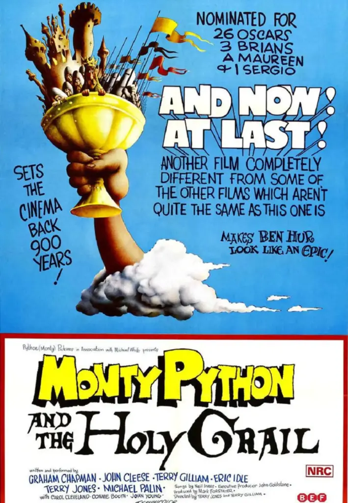 Bulutların arasından çıkan bir elin şato, bayraklar ve küçük figürlerle bezeli altın bir kadeh tuttuğu Monty Python and the Holy Grail film afişi, posttaki Tüm Zamanların En İyi Komedi Filmleri listesinde yer alan bu yapımın absürt ve kendine özgü İngiliz mizahını vurguluyor.