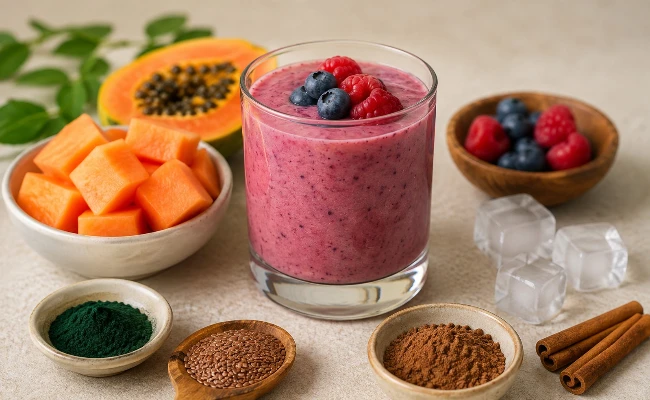Morumsu pembe, yaban mersini ve ahududu ile süslenmiş bir smoothie bardağı, yanında küp doğranmış papaya, yarım papaya, spirulina tozu, keten tohumu, küçük bir kasede yaban mersini ve ahududu, kakao tozu, tarçın çubukları ve buz küpleriyle birlikte, sağlıklı bir cilt dostu smoothie için zengin ve besleyici içerikleri gözler önüne seriyor.