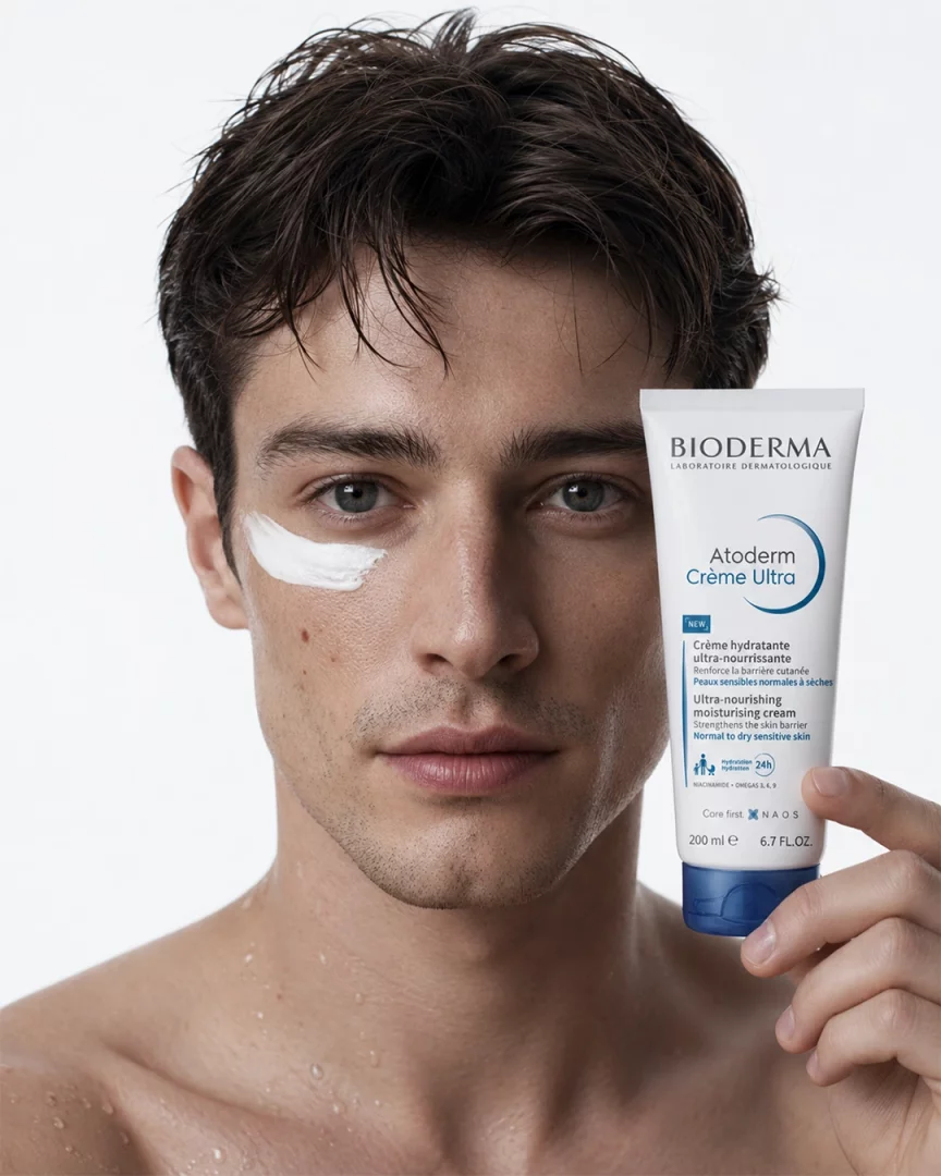 Gözünün altında beyaz bir nemlendirici krem izi bulunan, hafif ıslak saçlı genç bir adam, erkek bakımı rutini için elinde Bioderma Atoderm Crème Ultra tüpünü tutarken doğrudan kameraya bakarak duş sonrası cilt nemlendirmesinin önemini vurguluyor.