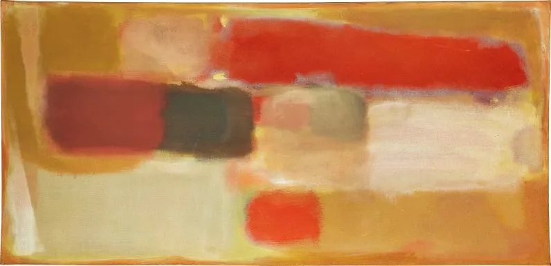 Mark Rothko'nun soyut dışavurumculuk tarzına özgü, sıcak sarımsı-kahverengi zemin üzerinde yüzen canlı kırmızı, koyu kestane ve yumuşak krem tonlarında büyük, bulanık kenarlı renk bloklarının derin bir duygusal ifade sunduğu yatay bir sanat eseri.