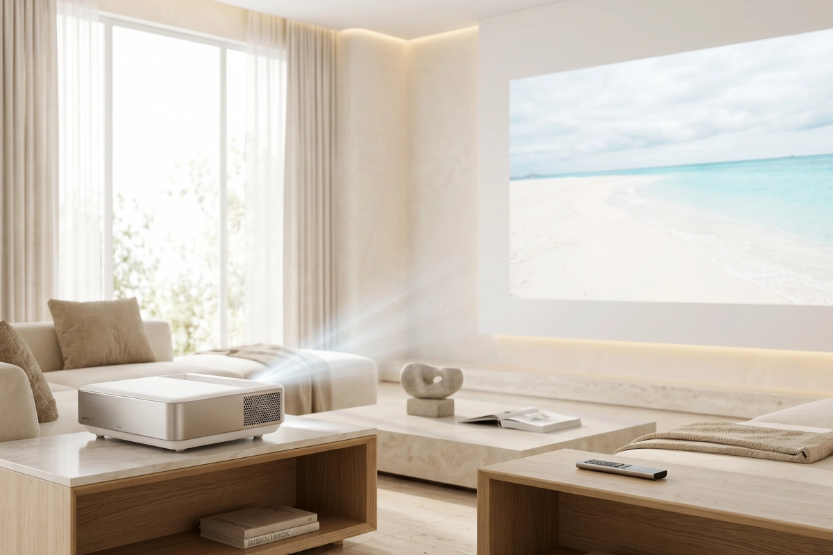 Mermer görünümlü bir sehpa üzerinde konumlandırılmış şık bir projeksiyon cihazının, büyük pencerelerden gelen doğal ışıkla aydınlanan minimalist dekore edilmiş bir oturma odasında duvara canlı bir plaj görüntüsü yansıtarak modern bir ev sineması atmosferi oluşturduğu geniş bir iç mekan görüntüsü.