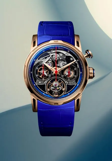 Louis Moinet lüks kronograf saat modeli, mavi deri kayışlı, iskelet kadranlı ve tourbillon mekanizmalı tasarımıyla sanatsal ustalık ve inovasyonu birleştiren koleksiyonluk İsviçre saati