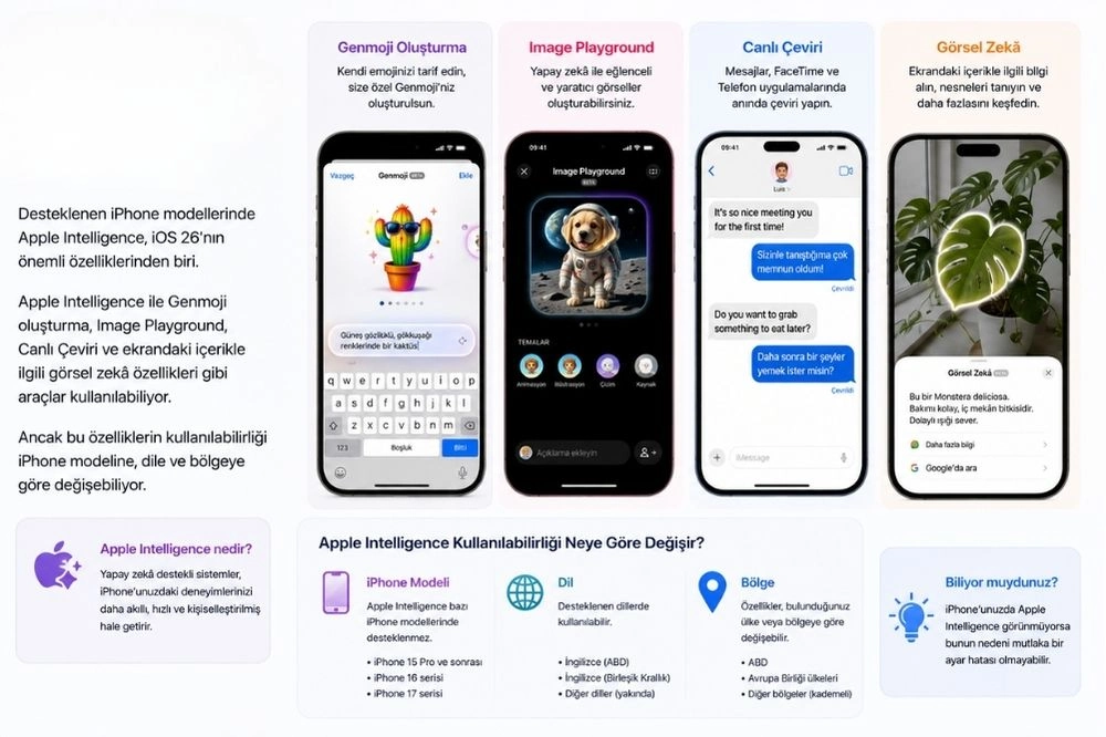 Bu detaylı infografik, Apple Intelligence'ın Genmoji oluşturma, yapay zeka destekli görsel oluşturma, Canlı Çeviri ve Görsel Zekâ gibi yenilikçi iPhone özelliklerini dört farklı ekran görüntüsüyle gösterirken, bu az bilinen yeteneklerin kullanılabilirlik koşullarını da açıklıyor.