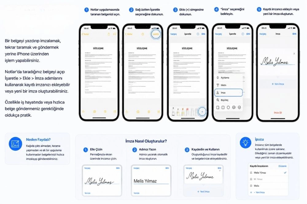Bu görsel, iPhone'daki Notlar uygulaması aracılığıyla bir belgeye dijital imza ekleme sürecini adım adım gösteren beş ekran görüntüsü serisi ve imza oluşturma yöntemlerini açıklayarak, kullanıcıların az bilinen gizli iPhone özelliklerinden biri olan belge imzalama işlevini kolayca nasıl kullanabileceğini detaylandırıyor.