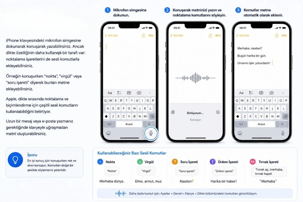 Bu görsel, iPhone'un az bilinen gizli dikte özelliği ile noktalama işaretlerini sesli komutlarla otomatik olarak ekleme sürecini adım adım gösteriyor: önce mikrofon simgesine dokunarak dinlemeye alma, ardından konuşarak metni oluşturma ve son olarak Merhaba, nasılsın? gibi ifadelerin noktalama işaretleriyle birlikte metne otomatik işlendiği haliyle üç farklı ekran görüntüsü sunuyor.