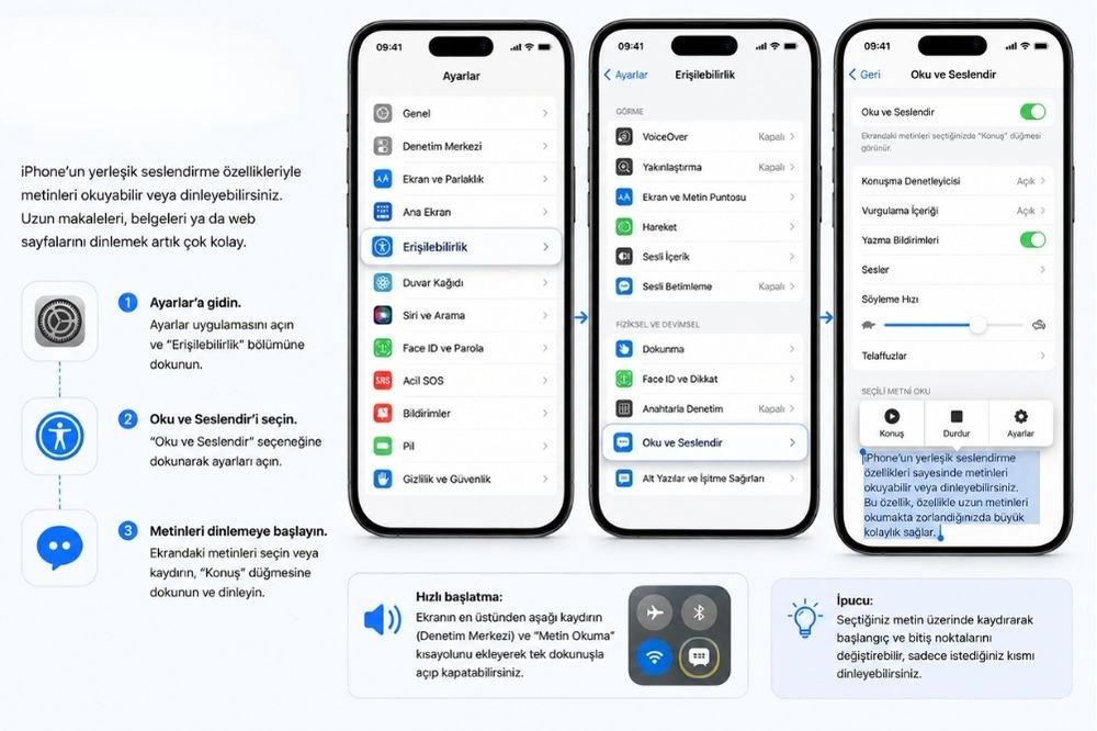 Bu görsel, iPhone'unuzdaki az bilinen gizli özelliklerden biri olan metinleri sesli dinleme işlevini, Ayarlar, Erişilebilirlik ve Oku ve Seslendir adımlarını gösteren üç farklı ekran görüntüsüyle nasıl etkinleştireceğinizi ve kullanacağınızı açıklıyor.