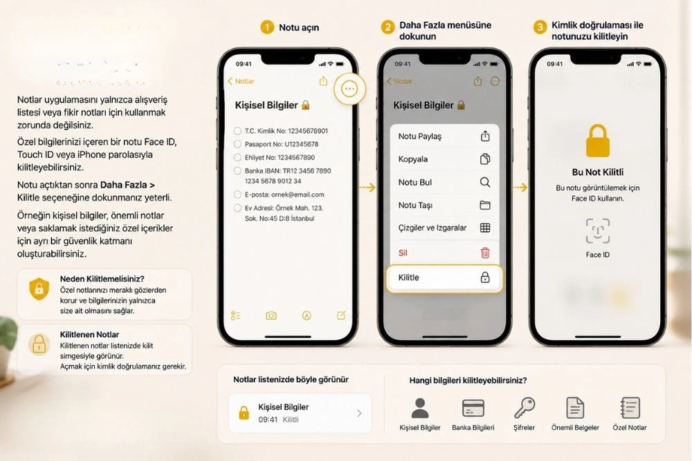 Bir iPhone'da Notlar uygulamasında kişisel bilgilerin listelendiği bir notun, sağ üst köşedeki üç nokta menüsünden Kilitle seçeneği seçilerek, sadece Face ID ile erişilebilen, büyük bir kilit simgesi ve Bu Not Kilitli uyarısıyla korunan güvenli bir nota nasıl dönüştürüldüğünü adım adım gösteren detaylı bir görsel.