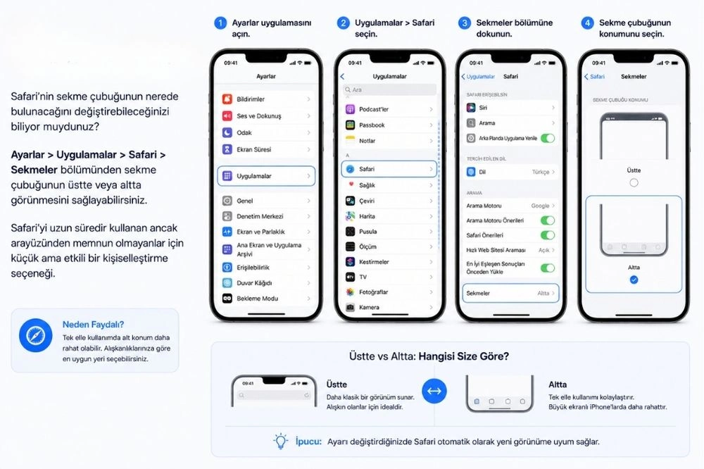 Bu görselde, iPhone Ayarlar uygulaması üzerinden Safari internet sekme çubuğunun konumunu değiştirmeye yönelik dört adımlı bir rehber sunuluyor, bu gizli iPhone özelliklerinden biri olarak sekme çubuğunu kolayca aşağıya veya yukarıya taşıma süreci gösteriliyor.