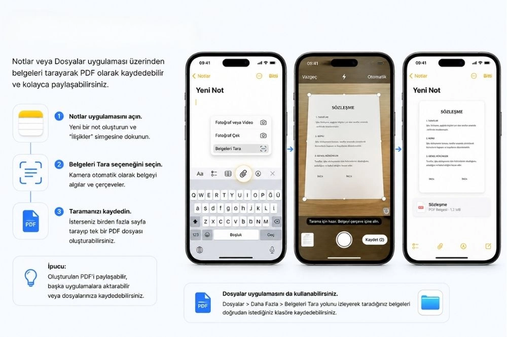 iPhone'un az bilinen özelliklerinden biri olan belge tarama özelliğinin Notlar uygulamasında nasıl kullanıldığını gösteren bu görselde, bir sözleşmenin PDF olarak taranıp kaydedilmesi süreci üç ekran görüntüsü ve adım adım talimatlarla detaylıca açıklanıyor.