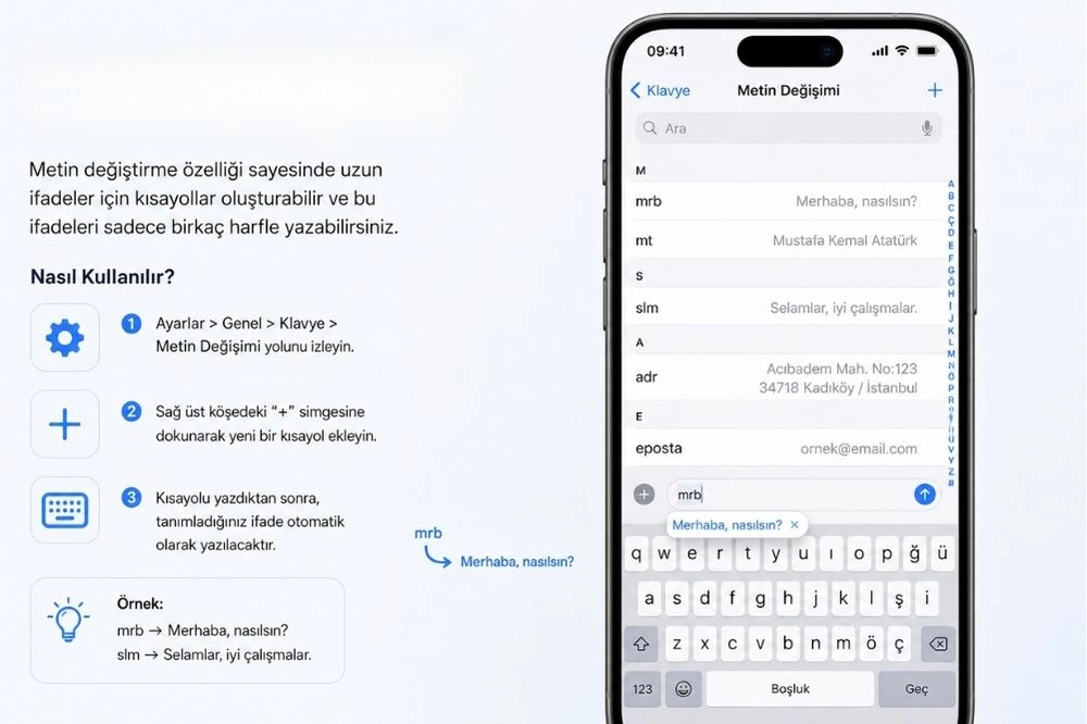 Beyaz bir iPhone'da Metin Değişimi ekranı, 'mrb' kısayolu ile 'Merhaba, nasılsın?' gibi sık kullanılan cümleleri kolayca yazmaya olanak tanıyan bu kullanışlı iPhone özelliği sayesinde, kullanıcıların metin kısayollarını nasıl oluşturup etkin bir şekilde kullandığını adım adım gösteren detaylı bir arayüz sunuyor.