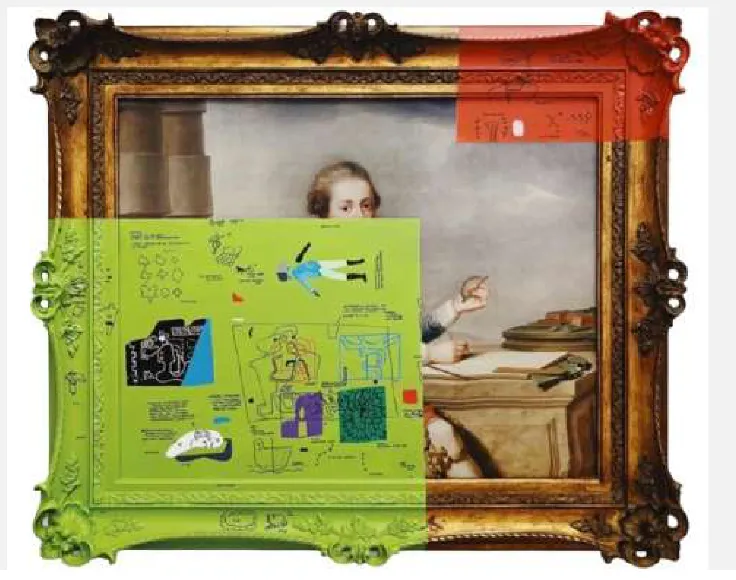 Eser Gündüz'ün abaküs temalı bu sanat eserinde, oymalı altın bir çerçeve içinde yer alan klasik bir tabloya modern şematik çizimler, devre tasarımları ve soyut figürler bindirilerek, hesaplama ve veri işleme süreçlerinin tarihsel evrimi ve güncel yorumu zengin bir görsel anlatımla sunuluyor.