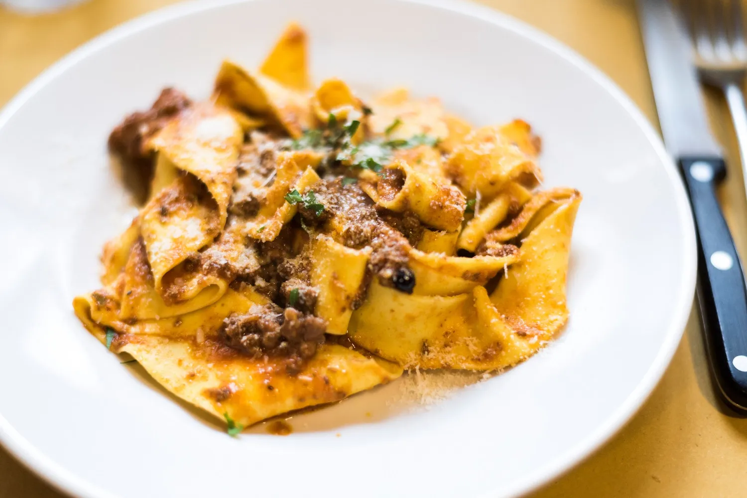 Beyaz porselen bir tabakta, kıymalı et sosu (ragù) ve bol rendelenmiş parmesan peyniriyle sunulan geniş şeritli, ev yapımı görünümlü bir makarna tabağı, üzerinde taze yeşilliklerle süslenmiş bu görüntüsüyle Floransa lezzetlerini mükemmel bir şekilde yansıtıyor, sağda metal bir çatal bıçak hafifçe seçiliyor.
