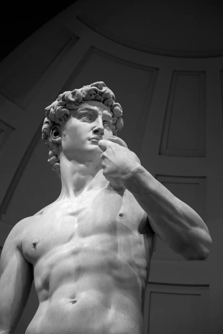 Siyah beyaz bu yakın plan fotoğrafta, sağ elini çenesine yakın tutan ve yukarıya doğru düşünceli bir ifadeyle bakan, kusursuz kas yapısıyla Michelangelo'nun ünlü Davut heykeli tüm ihtişamıyla sergileniyor, bu abidevi eser Floransa'daki müzelerin vazgeçilmez bir parçasıdır.