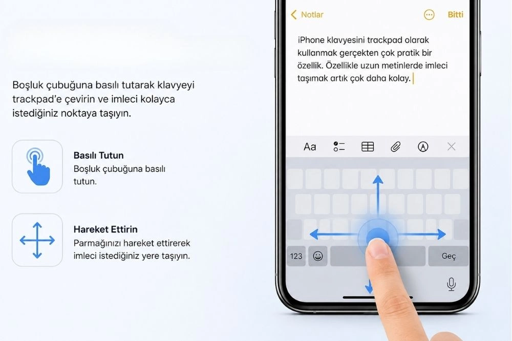Bir iPhone ekranında Notlar uygulaması açıkken, bir parmağın boşluk çubuğuna basarak klavyeyi trackpad'e dönüştürüp imleci kolayca hareket ettirdiğini gösteren bu görsel, gizli iPhone özellikleri arasında yer alan pratik klavyede gezinme fonksiyonunu detaylıca açıklıyor.