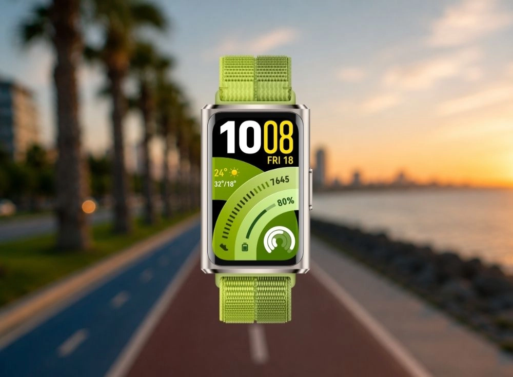 Parlak yeşil dokuma kayışlı Huawei Band 11 Pro akıllı bileklik, 1.62 inç AMOLED ekranında saat 10:08, 7645 adım, güneşli hava ve pil seviyesi gibi bilgileri göstererek, gün batımı manzaralı deniz kenarındaki bir koşu parkurunun önünde net bir şekilde öne çıkıyor.