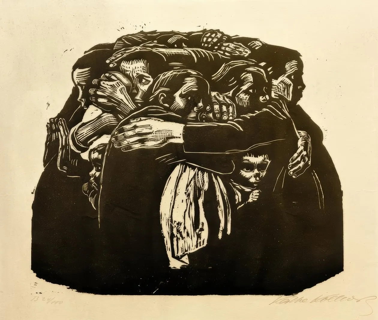 Kathe Kollwitz'in Anneler (Die Mütter) adlı güçlü ağaçbaskısında, kederli ve korku dolu ifadelerle birbirine sıkıca sarılmış, çocuklarını koruyan kadın figürleri, insanlık dramının ve annelik içgüdüsünün derinliğini vurgulayan çarpıcı bir kompozisyon oluşturuyor.