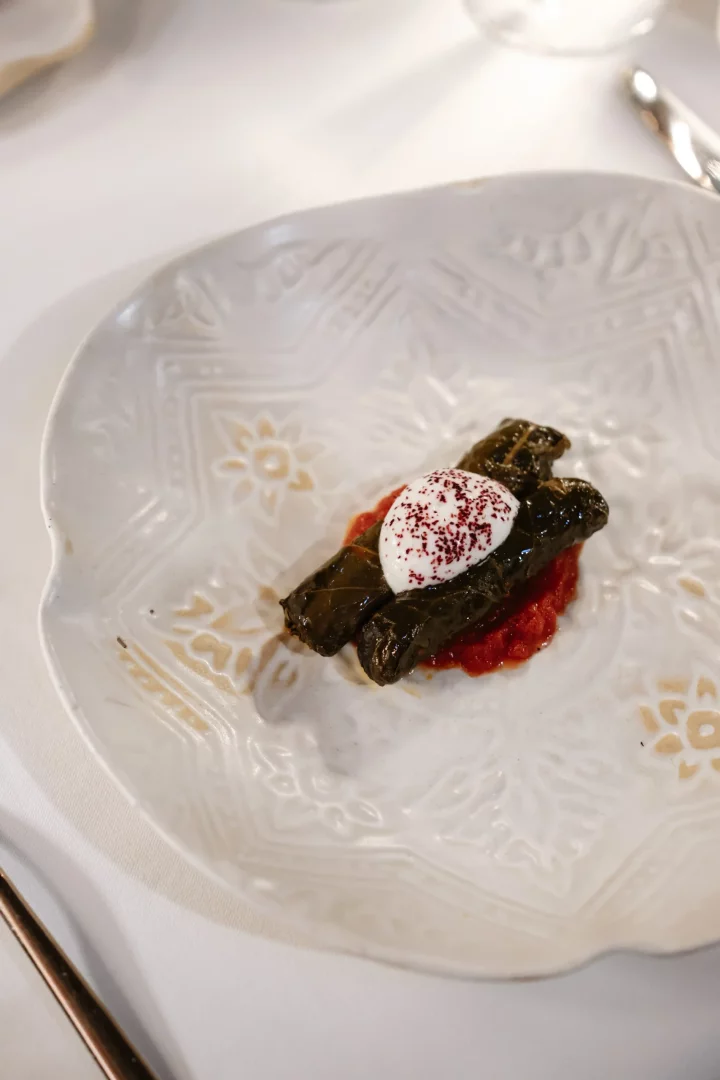 Koyu yeşil, rulo şeklinde iki adet yaprak sarma, altında parlak kırmızı domates sosu, üzerinde ise bir top beyaz yoğurt ve narince serpilmiş kırmızı sumak ile beyaz, kabartma desenli şık bir tabağın ortasında, Lila Restaurant'ın geleneksel lezzetlerini yansıtan özenli bir sunumla iştah açıcı görünüyor.