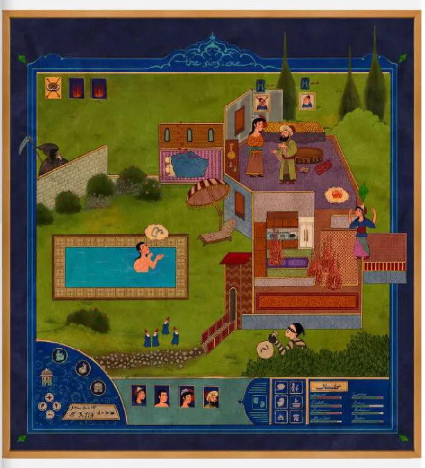 Murat Palta'nın Osmanlı minyatürü estetiğiyle yeniden yorumladığı The Sims adlı video oyununu gösteren bu detaylı sanat eserinde, havuzda yüzen bir adam, çatıda sohbet eden karakterler ve oyunun tipik arayüz öğeleri zengin bir kompozisyon oluşturuyor.