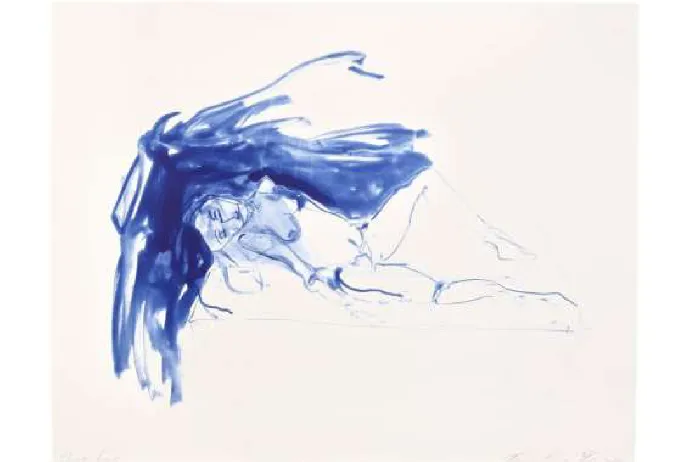 Tracey Emin'in beyaz zeminde mavi mürekkep veya sulu boya ile çizilmiş, uzanmış bir kadın figürünü gösteren bu ekspresif sanat eseri, başlık olarak da bilinen Choose Love ifadesini yansıtan hareketli saç ve giysi detaylarıyla dolu.