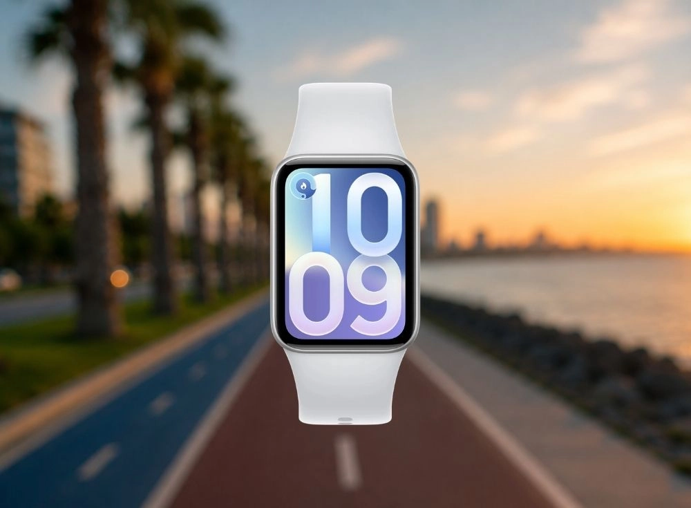 Gün batımında deniz kenarındaki koşu yolunun önünde hafifçe yükselmiş beyaz Xiaomi Smart Band 10 Pro akıllı bileklik, üzerinde parlak AMOLED ekranında 10:09 zamanını ve kalori simgesini göstererek aktif yaşam tarzını vurguluyor.
