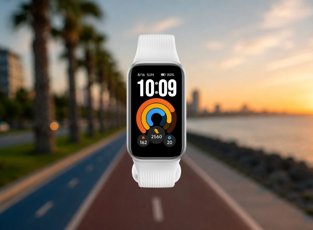 Parlak AMOLED ekrana sahip beyaz akıllı bileklik, ekranda 10:09 saati, 2560 adımı ve 162 kaloriyi gösterirken, arka planda palmiye ağaçları, deniz ve şehir siluetinin bulunduğu gün batımı manzaralı bir koşu parkurunun üzerinde havada duruyor, günlük aktivite takibi özelliklerini vurguluyor.