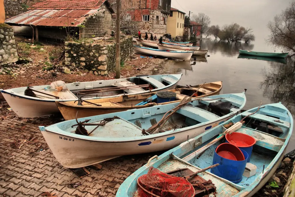 Bursa'da gezilecek yerlerden biri olan Gölyazı'nın Uluabat Gölü kıyısında, gri bulutlu bir gökyüzünün ve suya yansıyan çıplak dallı ağaçların dingin atmosferinde, çeşitli boyutlarda eski balıkçı kayıkları çakıllı kıyıda sıralanmış dururken, arka planda rustik taş ve tuğla evler göze çarpıyor.