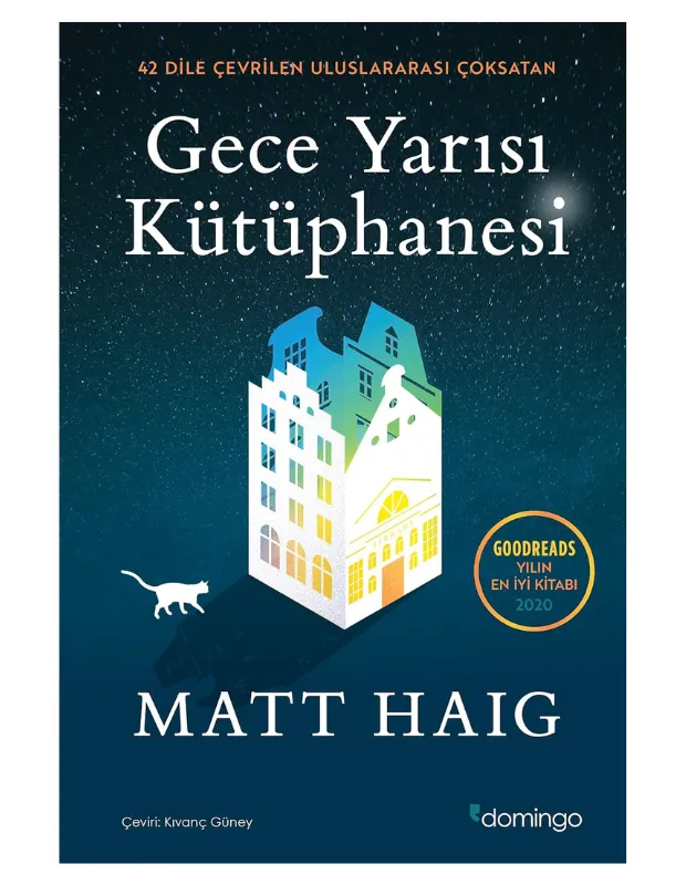Gece Yarısı Kütüphanesi adlı kitabın koyu lacivert, yıldızlı bir gece göğü önünde, parlak pencereleriyle dikkat çeken beyaz bir bina ve yanında yürüyen beyaz bir kedi silüetini gösteren kapak tasarımında, yazar Matt Haig ve kitabın uluslararası çoksatan olduğu bilgisi yer alıyor.