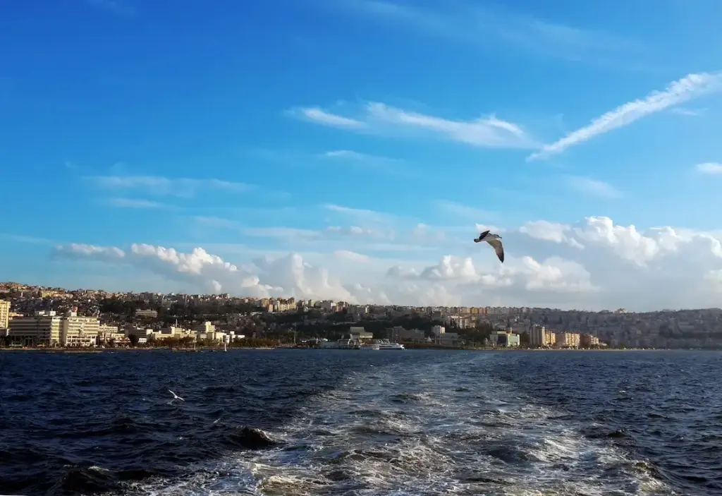 İzmir'de gezilecek yerler listesinden bir kare: Denizin üzerinde yükselen şehir siluetinin, bulutlu masmavi gökyüzü ve geminin ardında bıraktığı köpüklü dalgalarla buluştuğu, özgürce uçan bir martının eşlik ettiği etkileyici bir kıyı manzarası.