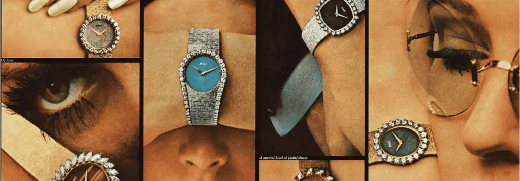 Vintage editoryal kolaj görünümünde, farklı renk ve dokularda taşlı çerçeveli Piaget kadın saatlerinin yakın plan bilek çekimleri; retro tonlarda göz, yüz ve aksesuar detaylarıyla birleşen estetik kompozisyon.