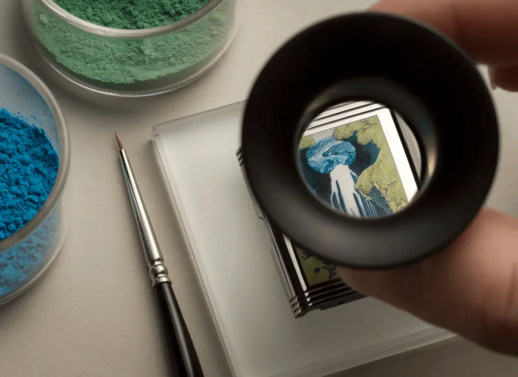 Mikro ressamın büyüteç altında incelenen Jaeger-LeCoultre Reverso saat kasası üzerinde, mavi ve yeşil tonlarda detaylı minyatür sanat çalışması; yanında pigment tozları ve ince fırça bulunuyor.