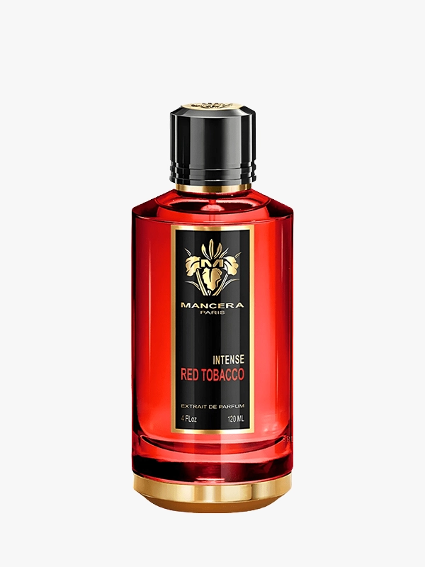 Mancera Intense Red Tobacco parfümü, kırmızı cam şişesi ve siyah-altın detaylarıyla yoğun tütün temalı koku görseli.