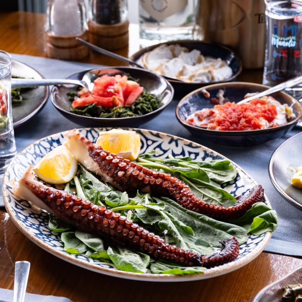Ankara'nın modern meyhane anlayışıyla öne çıkan Manolis Meyhane'de, üzerinde limon dilimleri ve taze roka yaprakları bulunan iştah açıcı ızgara ahtapot, masayı zenginleştiren çeşitli deniz mahsulleri ve geleneksel mezelerle dolu tabaklarla birlikte huzurlu bir Akdeniz sofrasını yansıtıyor.