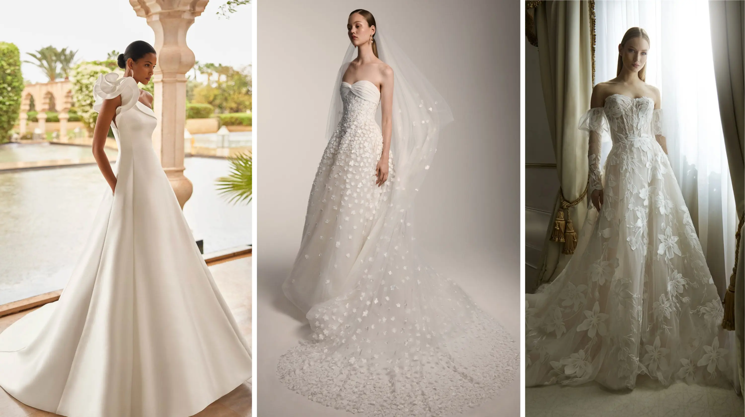 A-line etekli modern gelinlikler: heykelsi tek omuz detaylı sade gelinlik, incili ve 3D çiçek aplikeli straplez gelinlik ve transparan kollarla tamamlanan floral işlemeli romantik gelinlik tasarımları.