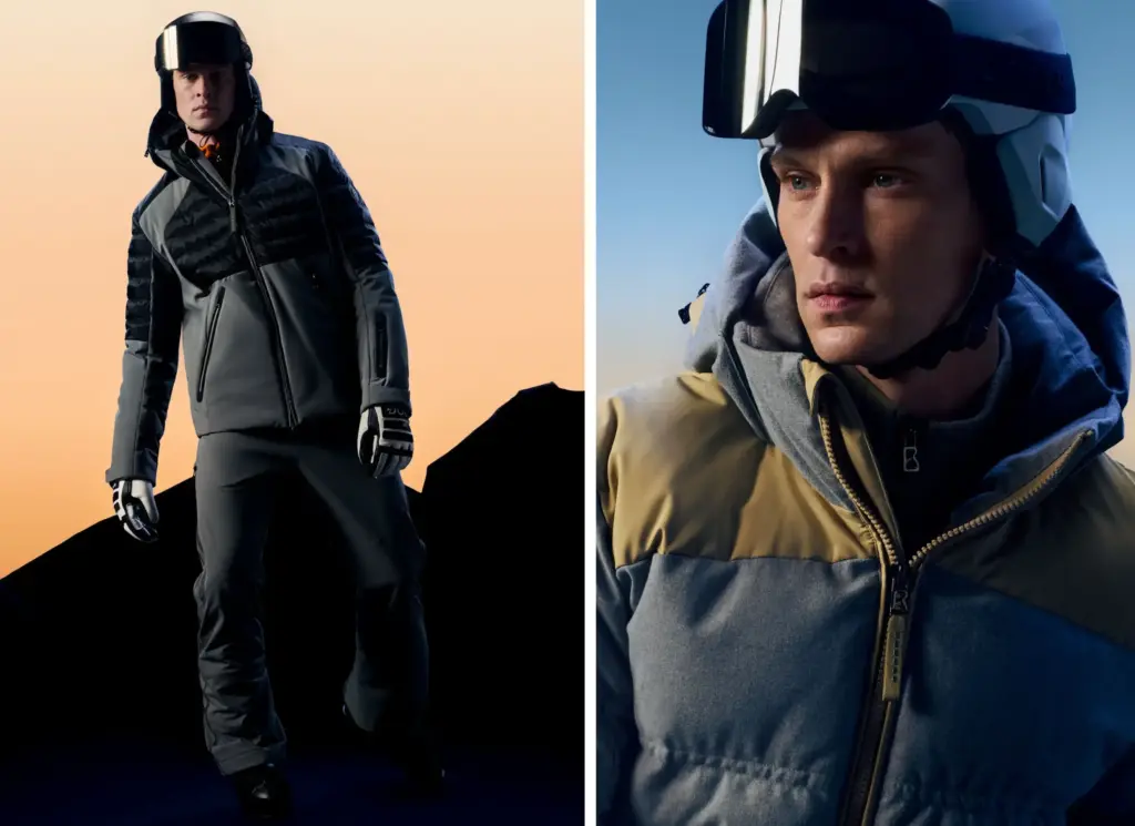 Bogner markasının kayak koleksiyonundan siyah ve gri renkli bir mont giyen model ve sağ görselde kayak kaskı üzerine kayak gözlüğü takan üzerinde gri sarı bir kayak montu olan yakın çekim erkek model fotoğrafı