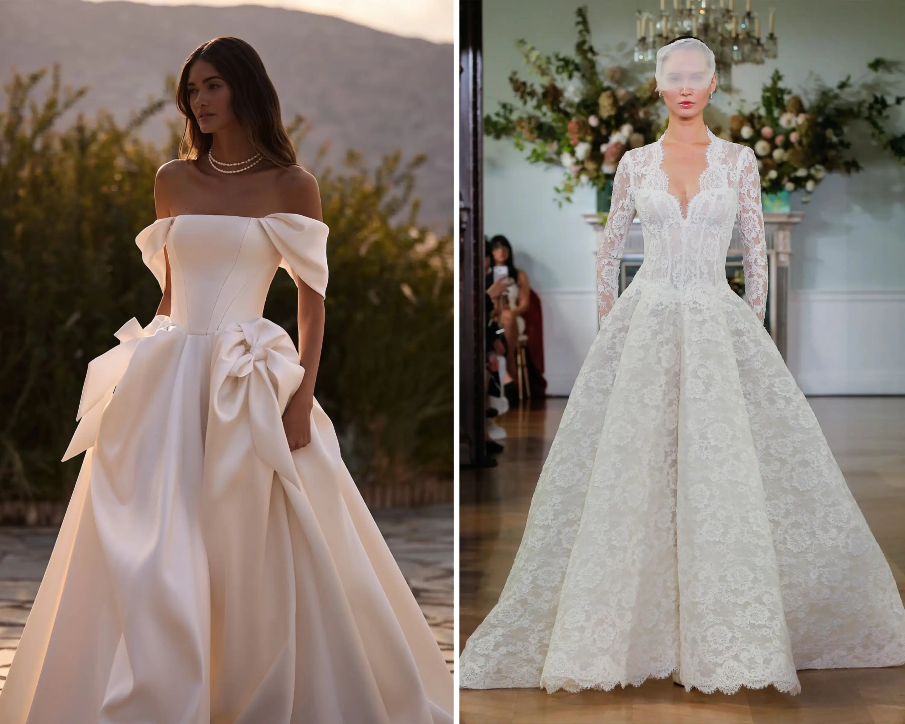 2026 gelinlik trendlerini yansıtan iki farklı prenses kesim model: solda off-shoulder drapeli ve büyük fiyonk detaylı modern saten gelinlik; sağda ise uzun kollu, tamamen dantel işlemeli klasik prenses gelinlik. Hem minimal hem romantik bridal siluetleri bir arada gösteren görsel.