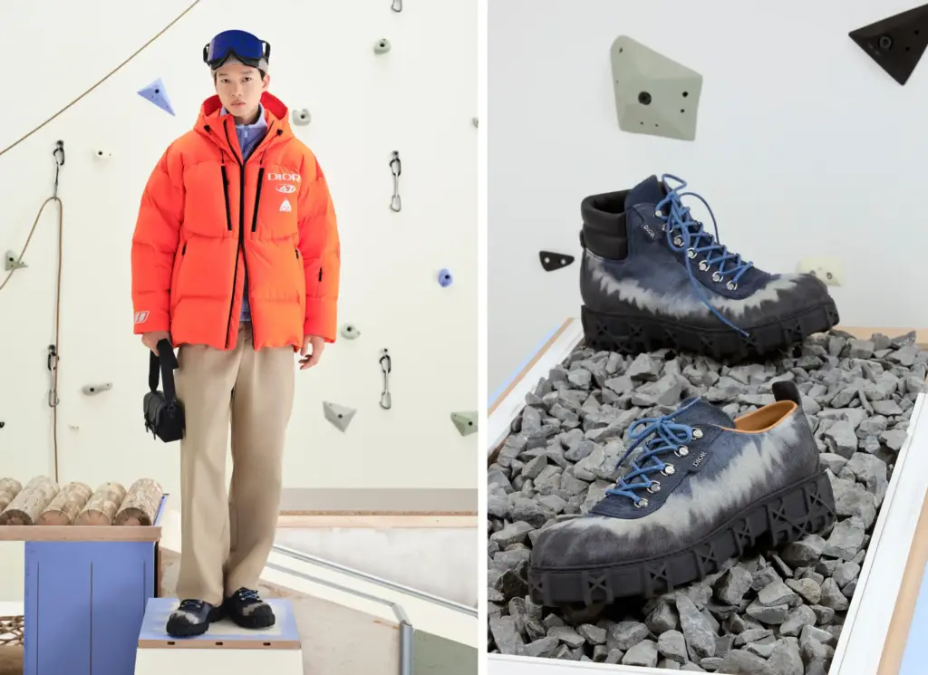 Sol görsel; Dior erkek kış koleksiyonu; neon turuncu puffer mont, bej pantolon ve siyah outdoor ayakkabılarla dağcılık temalı modern stil kombin. Sağ görsel; Dior gri-mavi outdoor bot; kalın tabanlı, bağcıklı ve kayalık zemin üzerinde sergilenen erkek dağcılık esintili lüks ayakkabı detayı.