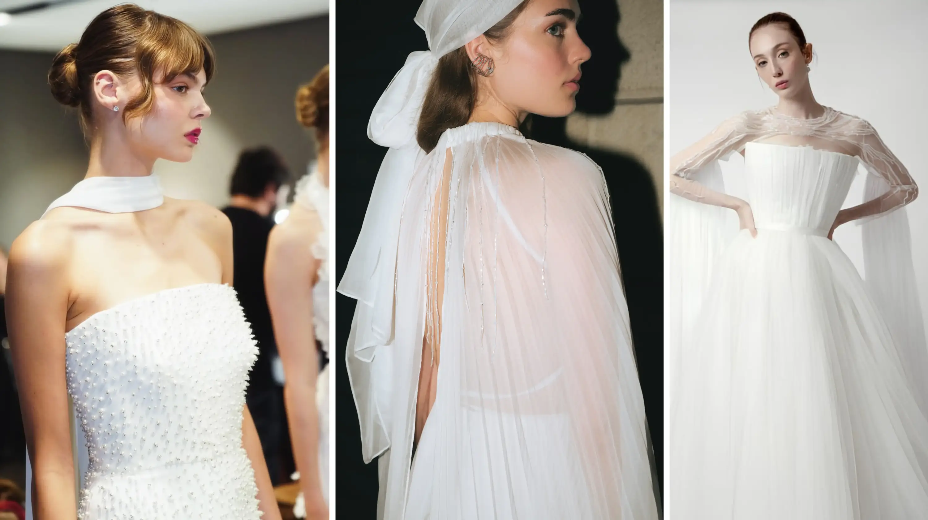 Üçlü kolaj görselinde incili straplez gelinlik, transparan tül pelerinli modern gelinlik ve omuz detaylı romantik gelinlik tasarımları.