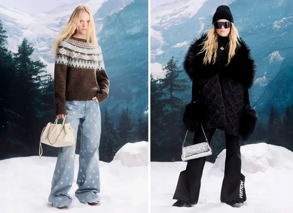 Sol görselde karlı bir ortamda ormanlık alanın önünde, kahverengi ve buz mavili Louis Vuitton logolu yün kazak ve açık mavi Louis Vuitton logolu kot pantolon giyen ve beyaz Louis Vuitton çanta tutarak poz veren model. Sağ görselde karlı bir ortamda ormanlık alanın önünde baştan aşağı siyah giyinerek poz veren model
