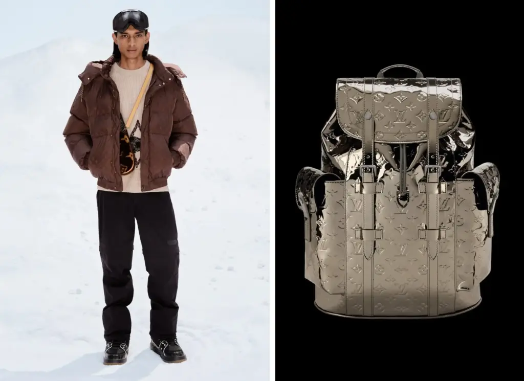 Sol görsel: Louis Vuitton erkek kış kombini; kahverengi puffer mont, bej kazak, siyah kış pantolonu ve Monogram çapraz çanta ile kar temalı outdoor görünüm. Sağ görsel: Louis Vuitton parlak monogram desenli metalik sırt çantası; yüksek moda tasarımı lüks backpack ürün görseli.