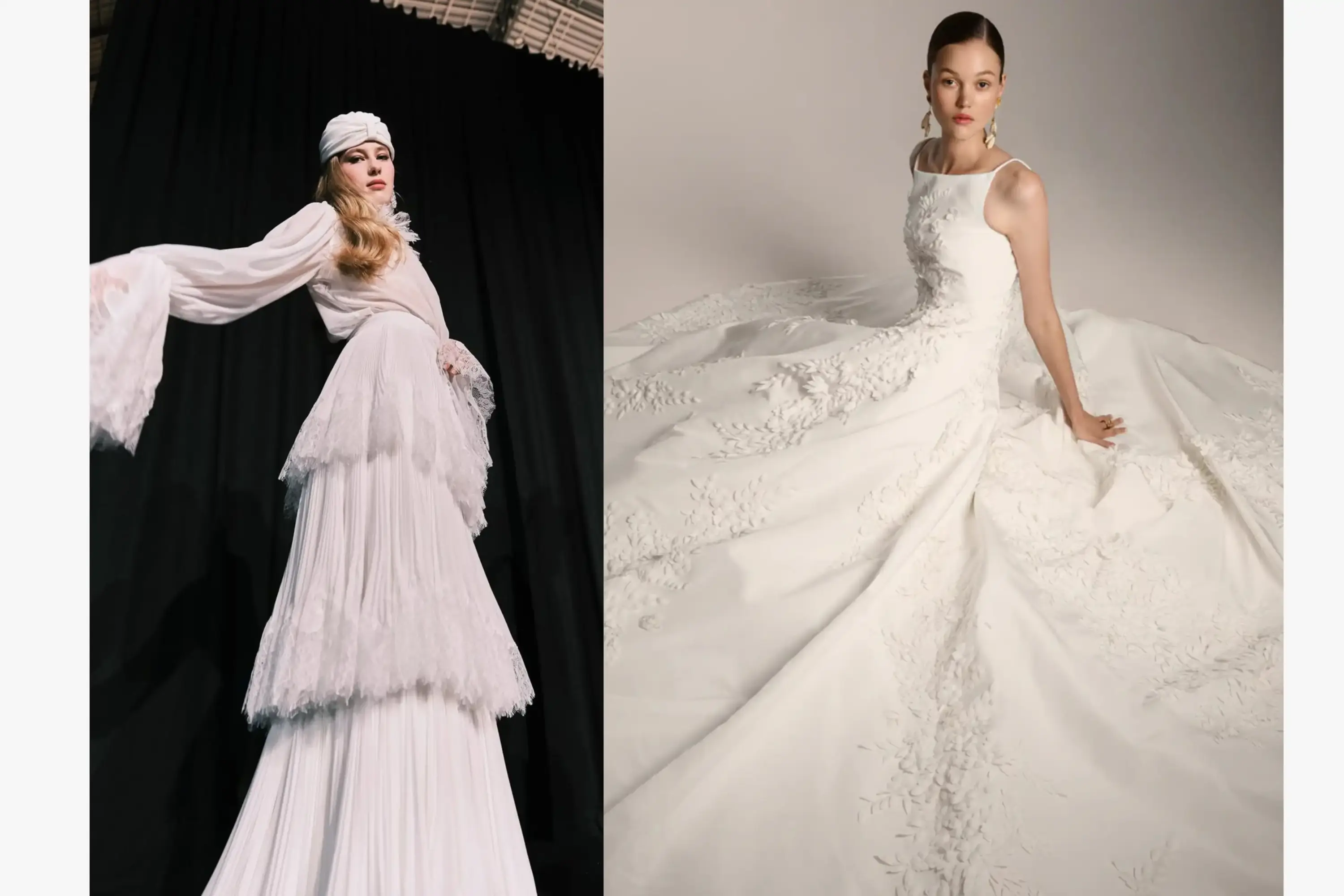 Sol tarafta kat kat tül detaylı haute couture gelinlik, sağ tarafta 3D işlemeli A kesim gelinlik giyen iki model – modern gelinlik koleksiyonu.